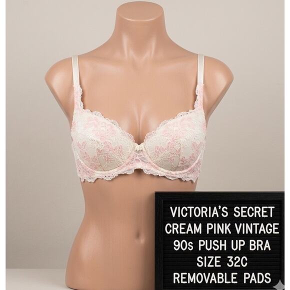Victoria's Secret Other - Vintage 90s Victoria's Secret Bra 32C Cream Pink Lace Removable Pads Push Up VS